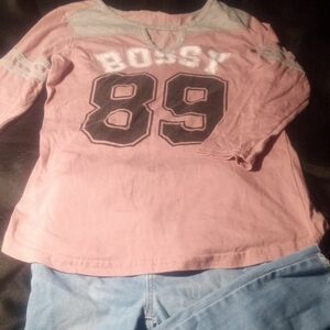 Old Navy High Rise Raw Hem Skinny Jeans & Bossy 89 Varsity Graphic Tunic